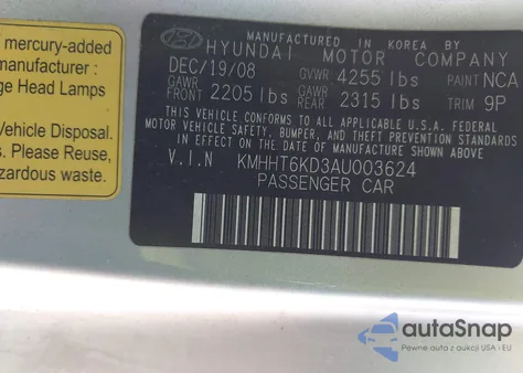 2010 Hyundai Genesis 2.0T Track from USA, damaged, VIN KMHHT6KD3AU003624